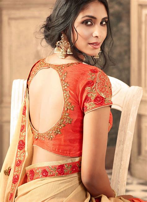 Cream And Orange Embroidered Silk Saree Features A Beautiful Silk Saree Embroidery Wo Saree