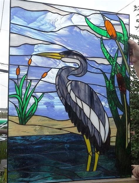Hand Made Stained Glass Window Blue Heron W 57 By Terraza Stained Glass