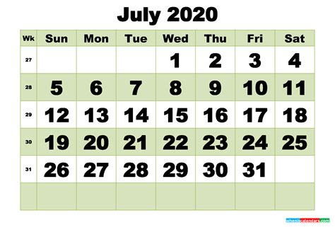 July 2020 Printable Calendar Template Free Printable 2020 Monthly