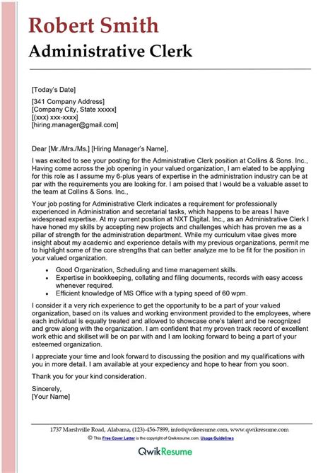 Administrative Clerk Cover Letter Examples Qwikresume