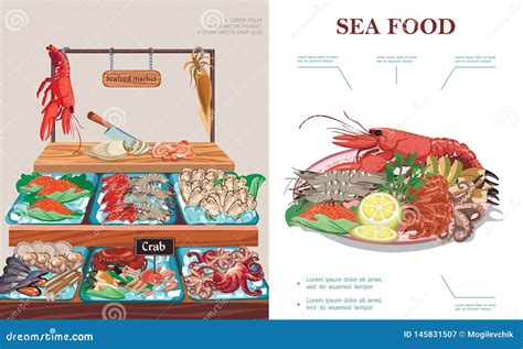 Flat Seafood Market Concept Stock Vector Illustration Of Mussel