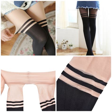 Women Black Double Stripe Pantyhose Sexy Over The Knee Sheer Tights
