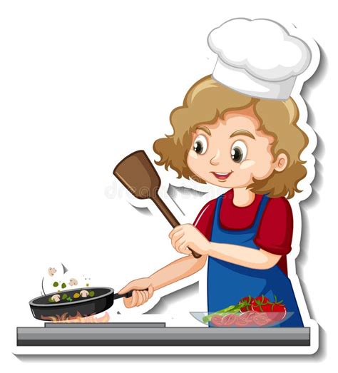 Sticker Design With Chef Girl Cooking Food Cartoon Character Stock