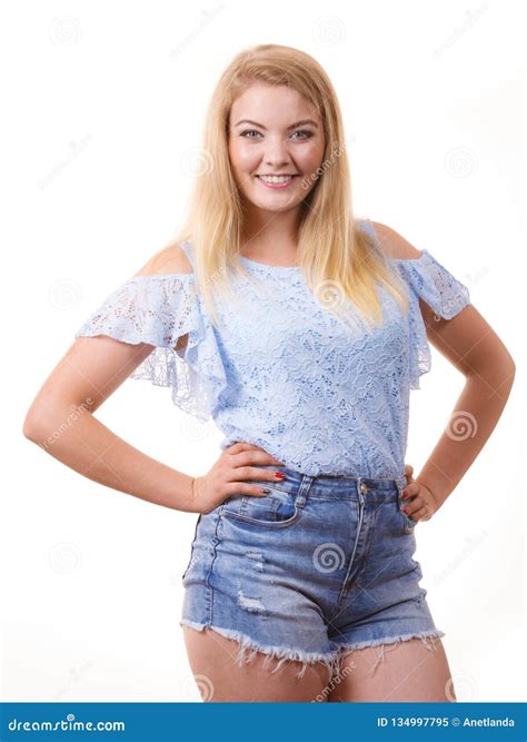 Woman Wearing Denim Shorts And Top Stock Image Image Of Shirt Short