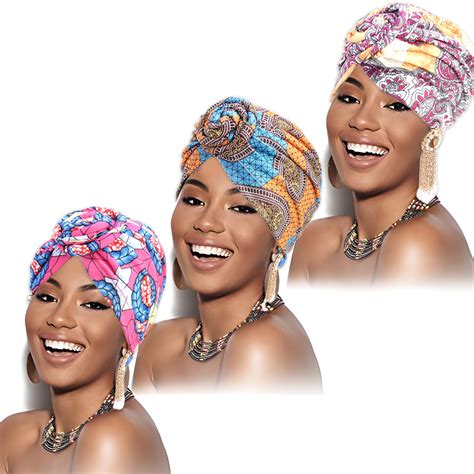 3pcs Floral Print African Turban For Women Knot Pre Tied Bonnet Beanie Cap Headwrap