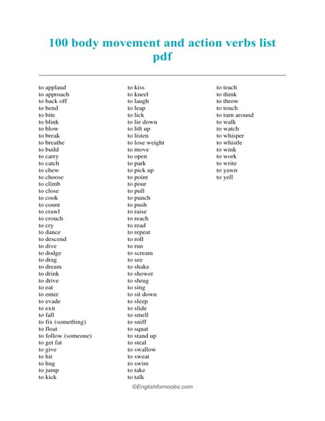 100 Body Movement And Action Verbs List