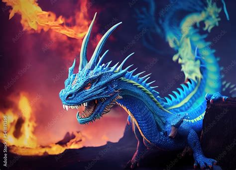 Spectacular Mythical Legendary Creature Fantasy Blue Fire Dragon It