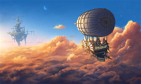 Aircraft Clouds Fantasy Art Moon Floating Sky Floating Island