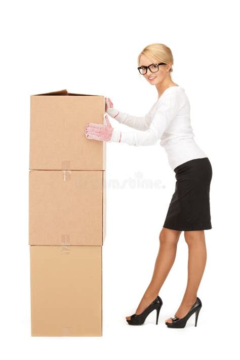 attractive businesswoman with big boxes stock image image of cheerful carton 39976347