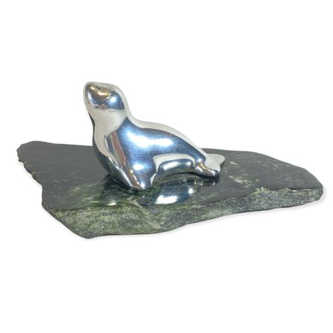 Vtg Hoselton Cast Aluminum Seal Sea Sculpture Mounted On Green Marble