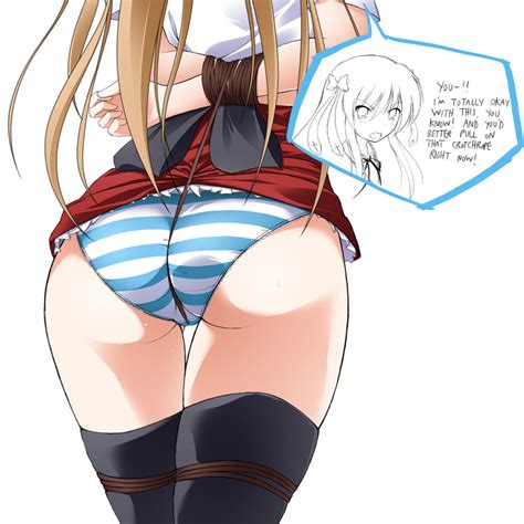 rule 34 arched back arms behind back ass black legwear black thighhighs blue striped panties