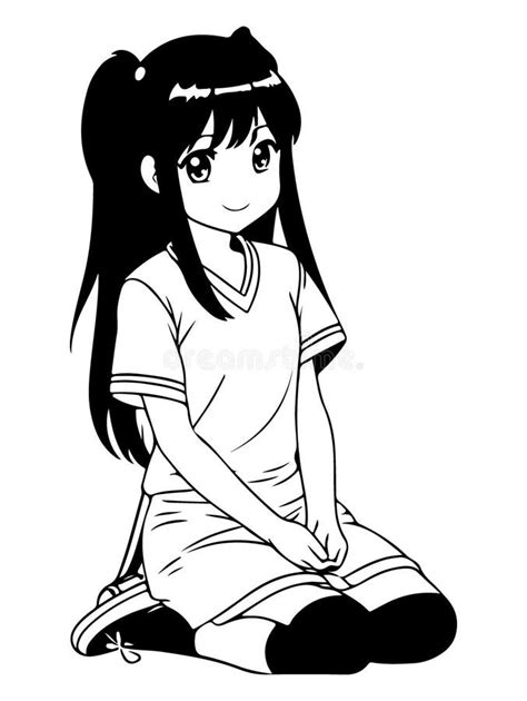 Cute Young Anime Girl In Manga Comic Styleblack And White Vector Print