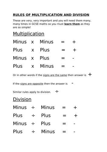 Rules Of Multiplication And Division 9 1 Teaching Resources