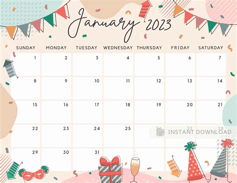 January 2023 Calendar Happy New Year Celebration Party Etsy Finland