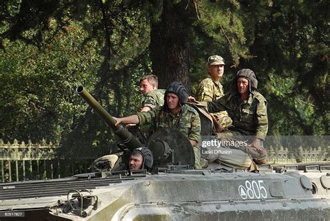 Russian Soldiers Travel On A Tank In The Province Of South Ossetia
