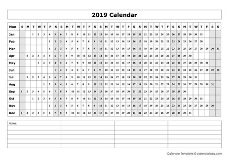 2019 Blank Year At A Glance Calendar Free Printable Templates