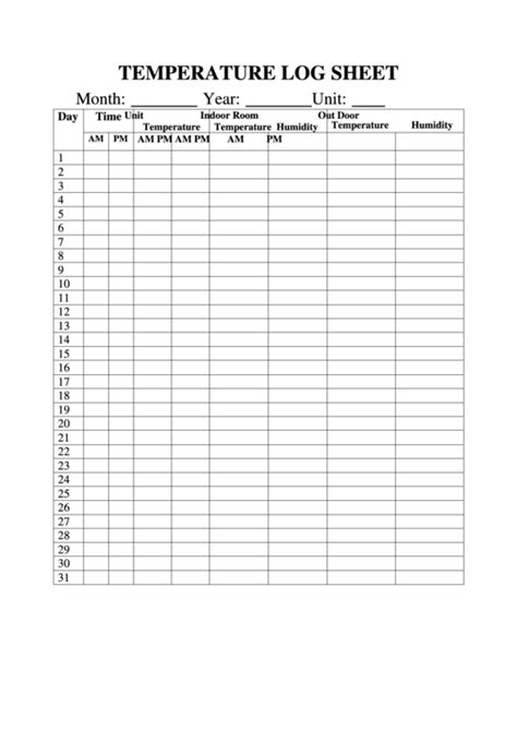 General Temperature Log Sheet Printable Pdf Download