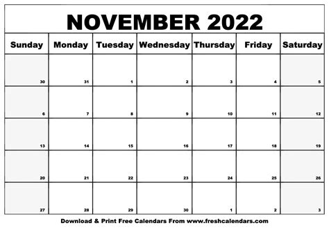Blank Printable November 2022 Calendars