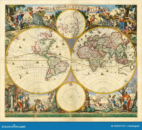 Antique World Map In Hemispheres 1690 Raster Vintage Illustration