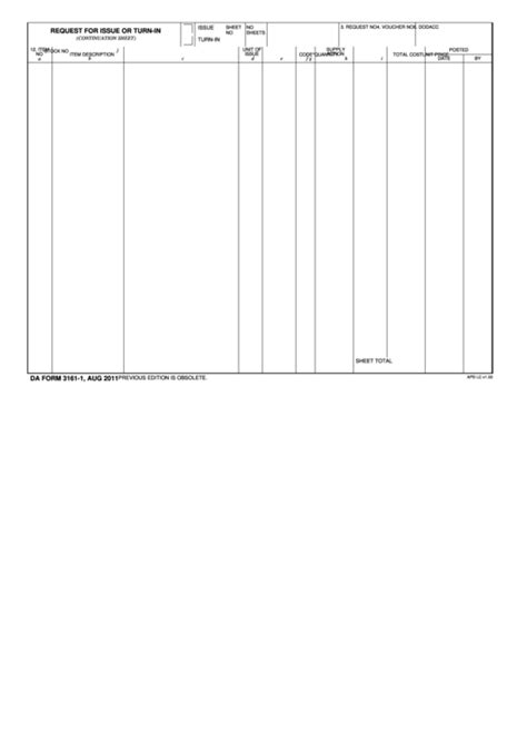 Fillable Da Form 3161 1 Request For Issue Or Turn In Continuation Sheet Apd Printable Pdf