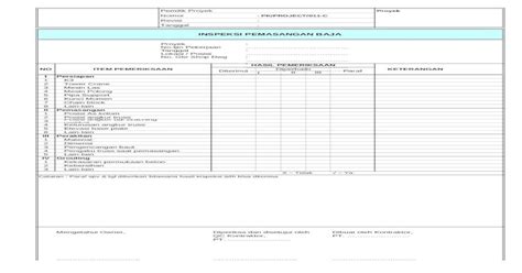 Form Inspeksi Pemasangan Baja Xls Document