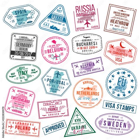 Set Of Visa Stamps For Passports International And Immigration Office Stamps Arrival And