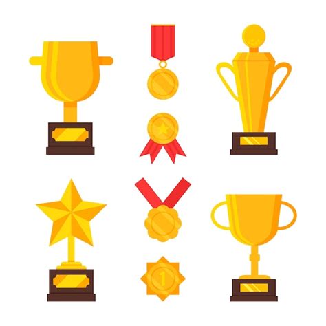 Conjunto De Medallas Y Trofeos De Oro Premios Por Logros Copas De Oro