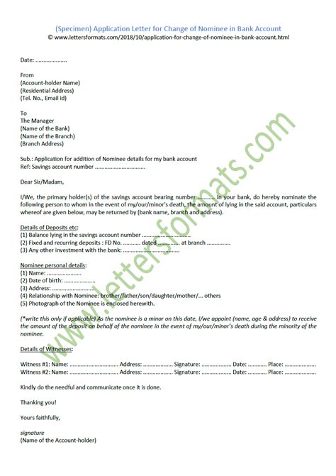 application letter  change  nominee  bank account