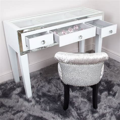 Madison White Glass And Mirrored Trim Clear Top 3 Drawer Dressing Table