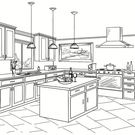 A Line Drawing Of A Kitchen With An Island In The Middle And Cabinets
