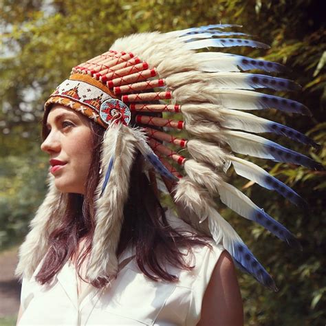 Native American Indian War Headdress Brown Fur Blue Feather