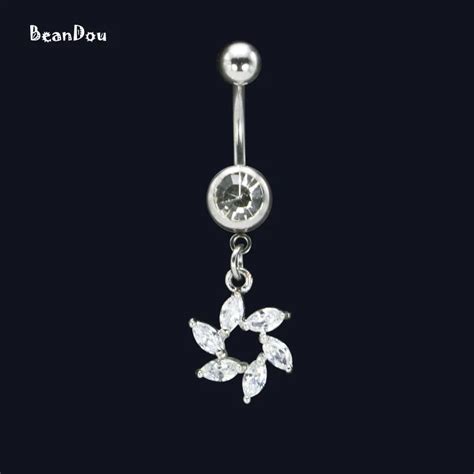 Fashion Sexy Belly Button Ring Dangle Flower Navel Rings Body Piercing Jewelry Stainless Steel