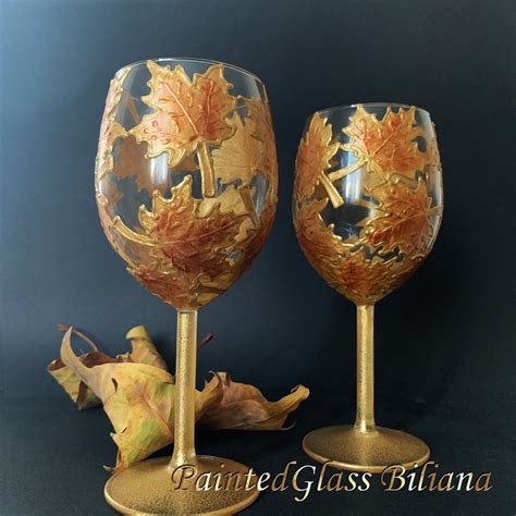Autumn Set Of 2 Maple Leaves Toasting Glasses In Gold Color Hand