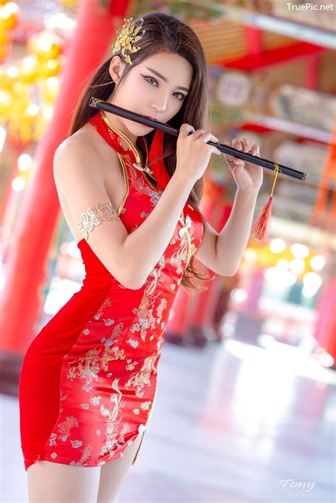 Sexy Chinese Girl Red Dress Traditional Thailand Hot Model Janet