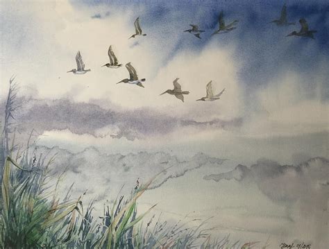 Birds Flying In Cloudy Sky Painting By Natalya Zaytseva Pixels