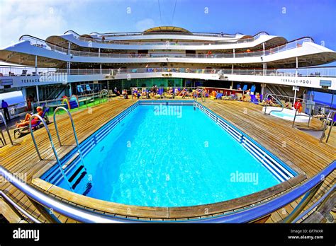 Pando Cruise Ship Aurora Aft Terrace Pool In The Mediterranean Sea Stock