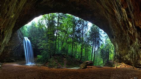 Hd Wallpaper Waterfalls Near Trees And Cave During Day Nature