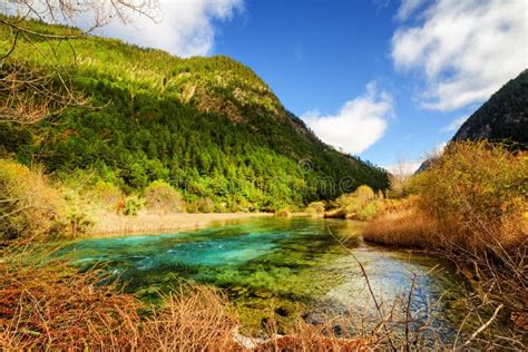 River With Azure Crystal Clear Water Among Wooded Mountains Stock Image