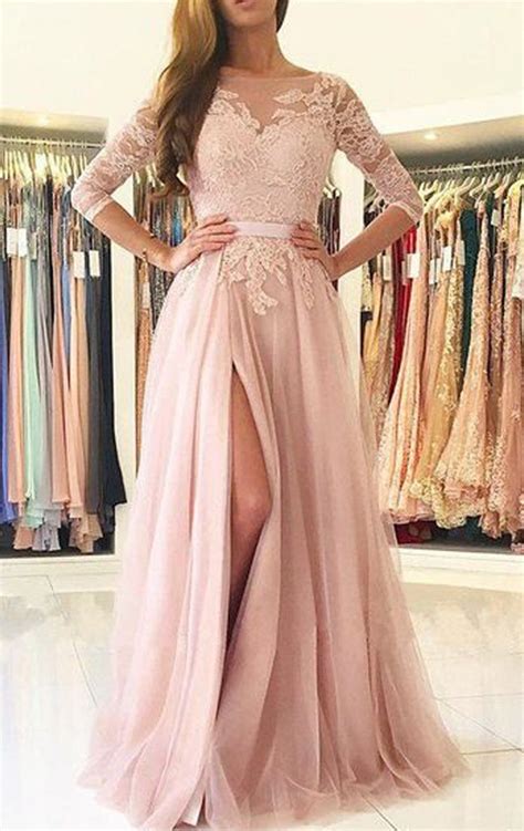 Macloth 34 Sleeves Lace Tulle Long Prom Dress Blush Pink Formal Eveni