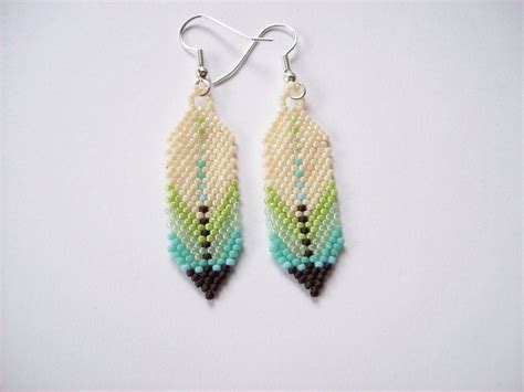 Beadwork Feather Earrings Native American Style Beaded