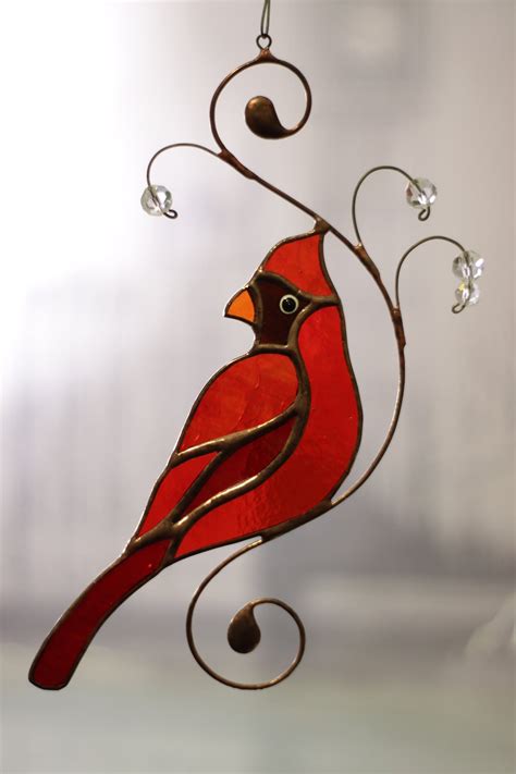 Red Cardinal Stained Glass Bird Sun Catcher Modern Decor Etsy