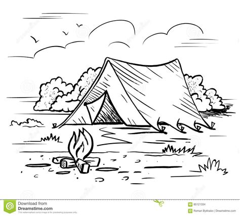 Black And White Drawing Of A Tent On The Ground With Fire In Front Of It