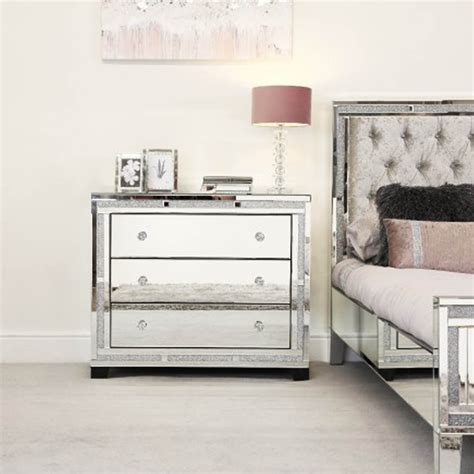 Milano Mirror 3 Drawer Chest Mirrored Crystal Chest Of Drawers