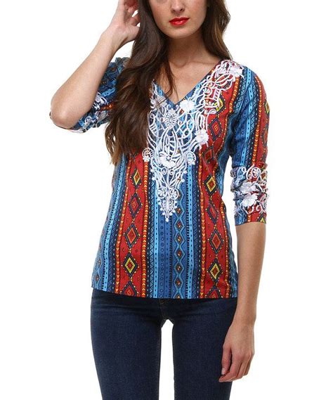 Almatrichi Blue And Red Tribal Embroidered Top Zulily