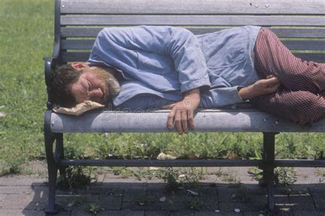 Homeless Man Sleeping On A Park Bench Los Angeles California