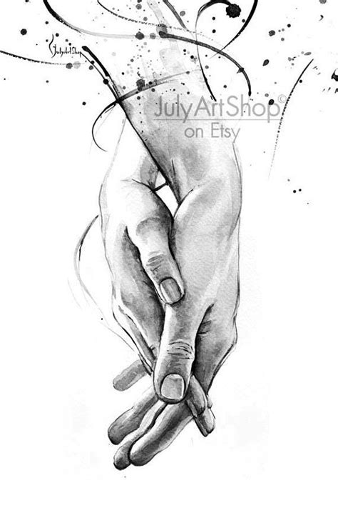 Art Print Hands Of Lovers Watercolor Painting Black And White