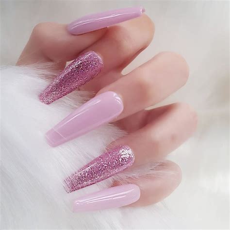 Press On Nails Pink With Glitter Accent Long Etsy In 2021 Acrylic