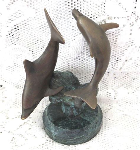 Spi San Pacific Solid Brass Bronze Dolphins On Marble Plinth Sculpture