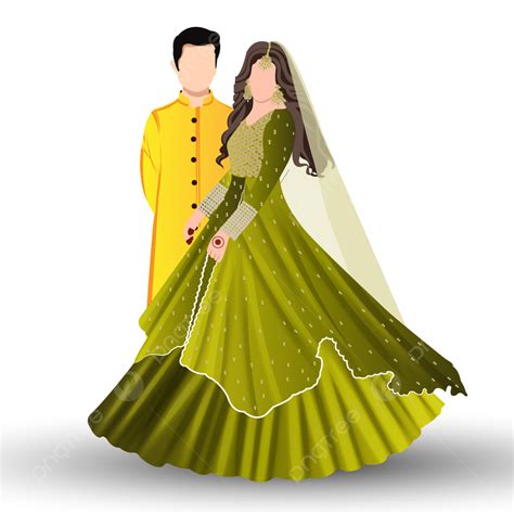 Indian Wedding For Mehendi And Haldi Functions With Bride Groom Wearing Green Yellow Outfits