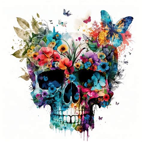 A Colorful Skull With Flowers And Butterflies On Its Face Painted In